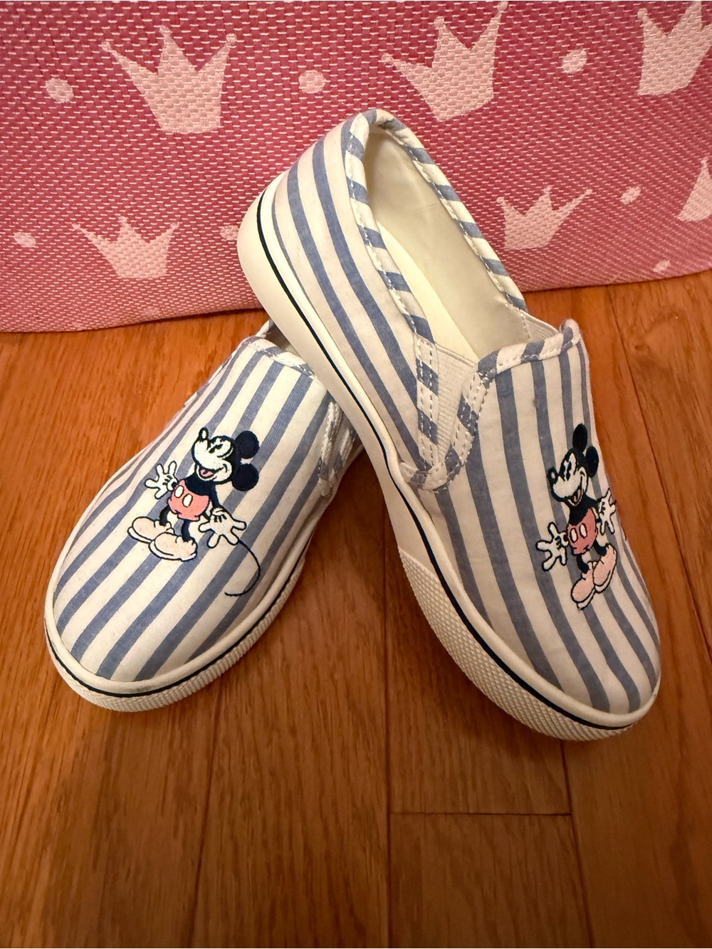 Janie and Jack Blue and White Striped Slip-On Sneakers with Mickey Print - NEW